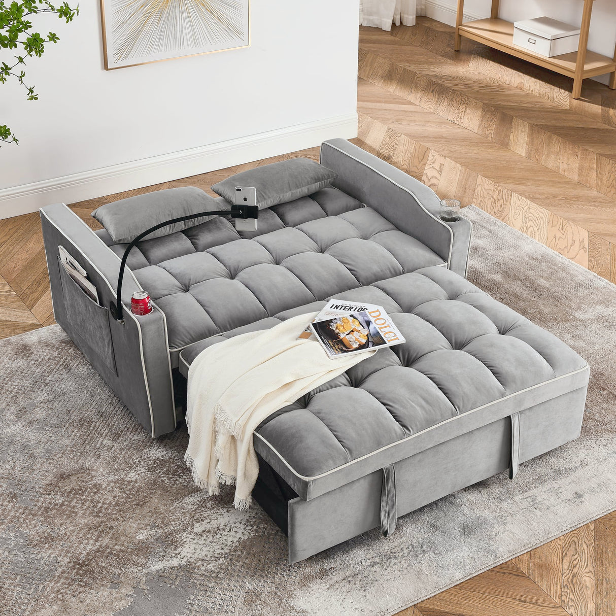 Foldable Sofa Bed with 2 USB Charging Ports, Pull Out Velvet Loveseat Sleeper with Phone Holder, Modern Futon Couch with Cup Holders & Adjustable Backrest for Living Room,Grey Merax