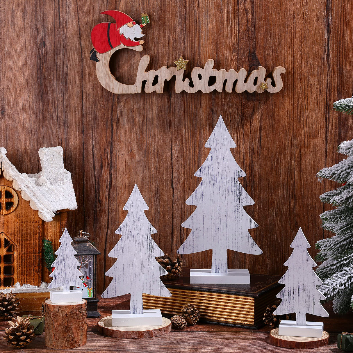 Sawysine 4 Pcs Wooden Christmas Tree Tabletop Decor Rustic Wood Christmas Trees Table Centerpieces Christmas Tiered Tray Decor Wood Trees with Rectangular Base for Xmas Winter Holiday (White) Sawysine