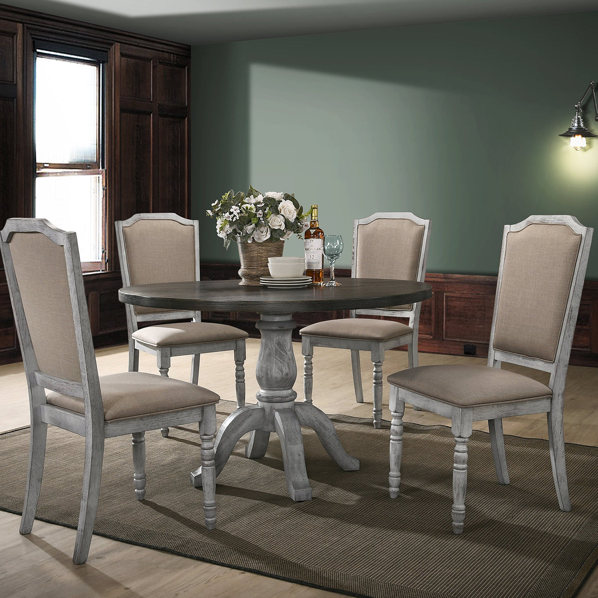 Roundhill Furniture Iris Turned Leg Wood Dining Chair, Set of 2, Weathered White Roundhill Furniture