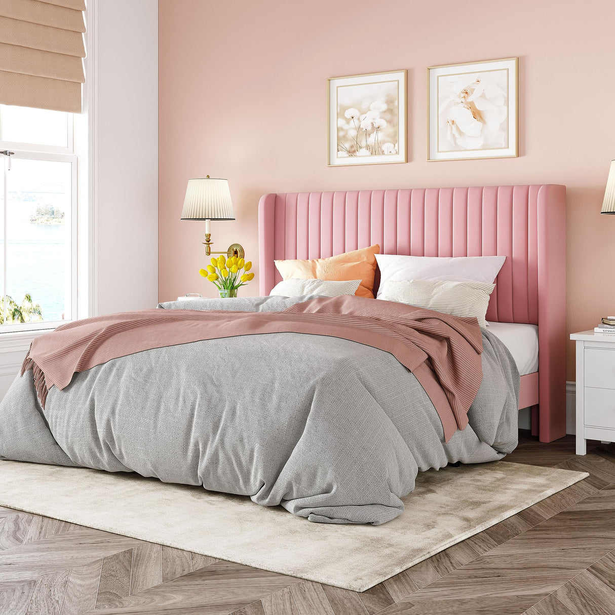 Allewie Full Size Velvet Bed Frame/Vertical Channel Tufted Wingback Headboard/Upholstered Platform Bed/Strong Wooden Slats/No Box Spring Needed/Easy Assembly/Pink Allewie