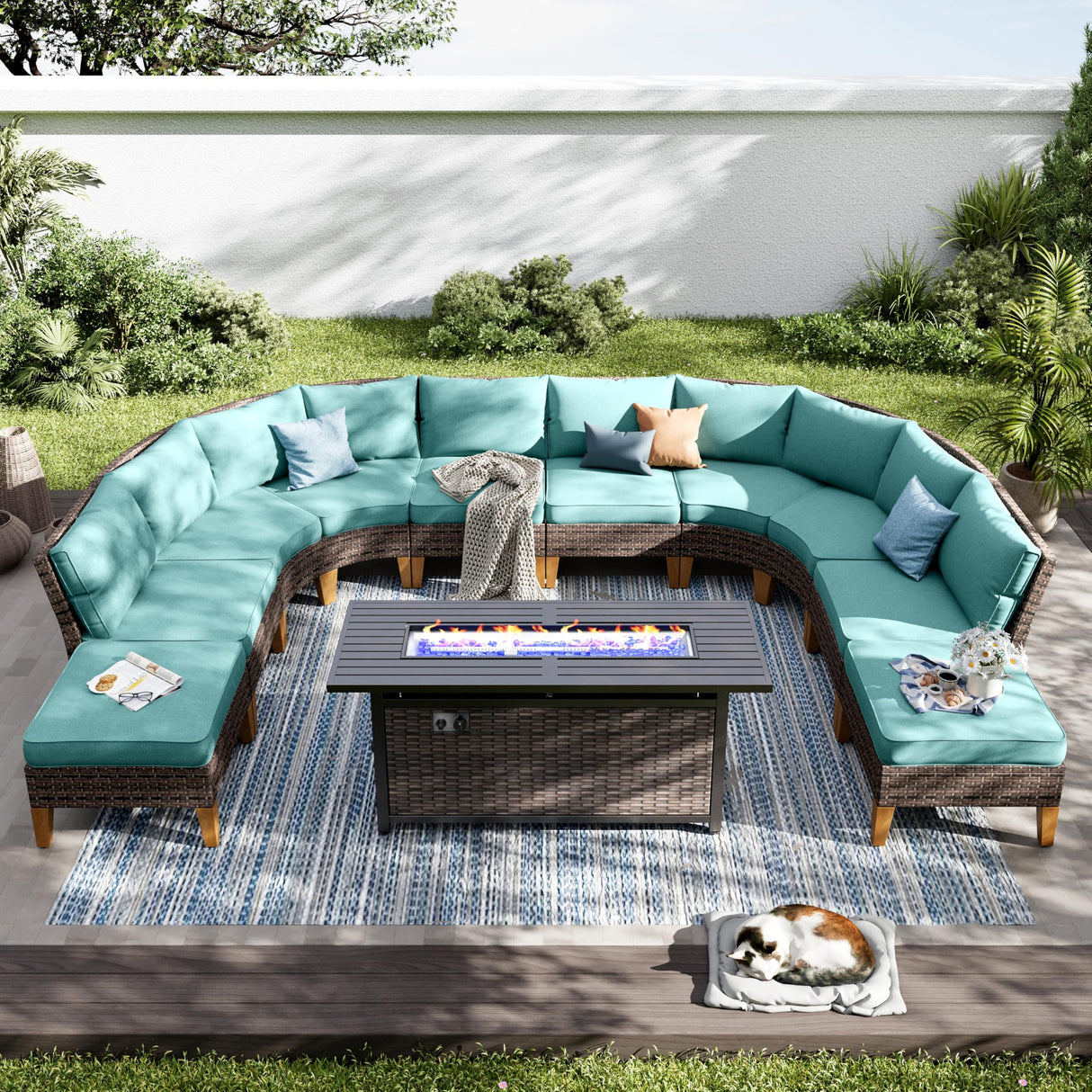 PHI VILLA 9-Piece Half Moon Patio Furniture Set with 56" Fire Pit Table, Outdoor Wicker Sectional Sofa with Aqua Blue Cushions, 2 Ottomans, Large Curved Conversation Seating for Garden or Backyard PHI VILLA