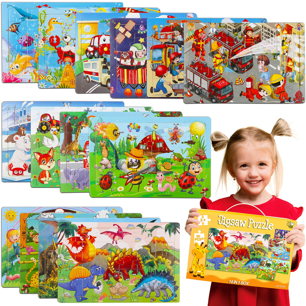 Puzzles for Kids Ages 4-8, 14 Pack Wooden Jigsaw Puzzles 30 Pieces Preschool Educational Learning Toys Set for Toddler Boys and Girls Stocking Stuffers OCTERIC