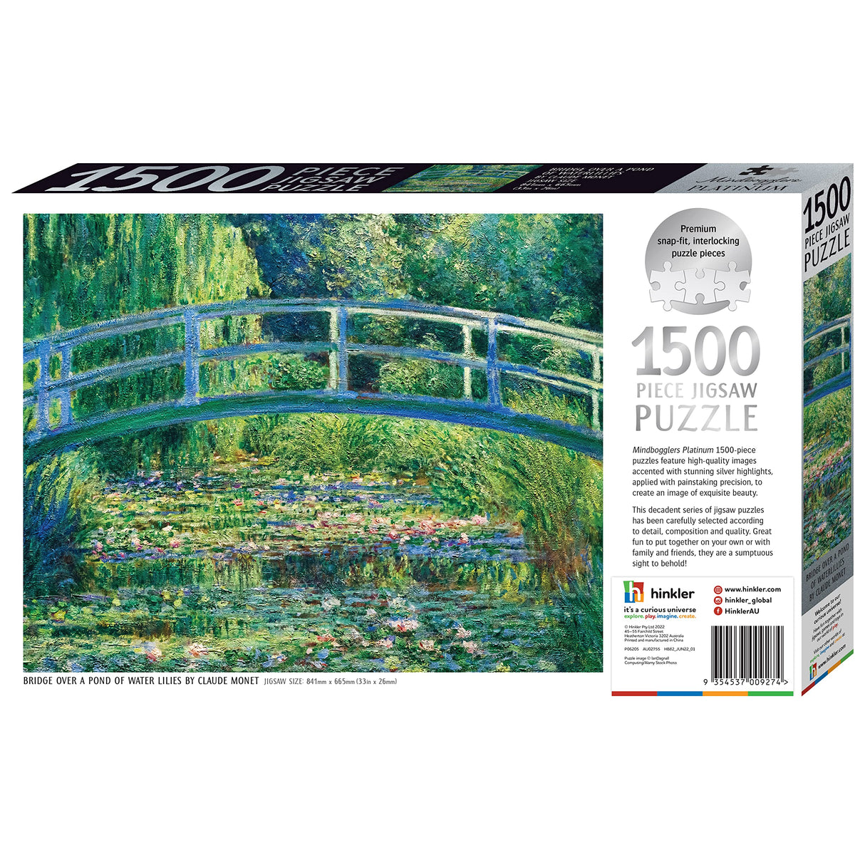 Hinkler Mindbogglers Platinum 1500-Piece Jigsaw Puzzle: Bridge Over a Pond of Water Lilies by Monet - Jigsaws for Adults -Deluxe Jigsaw Puzzles - 33x26in - Intricate Puzzles -Advanced Jigsaws-Hobbies Hinkler