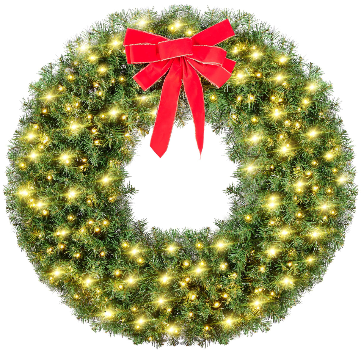 Yaheetech 48in Large Artificial Christmas Wreath, Pre-lit Holiday Accent Decoration with Red Bow, 200 LED Lights & 720 PVC Tips, Metal Structure for Door Wall & Mantel Yaheetech