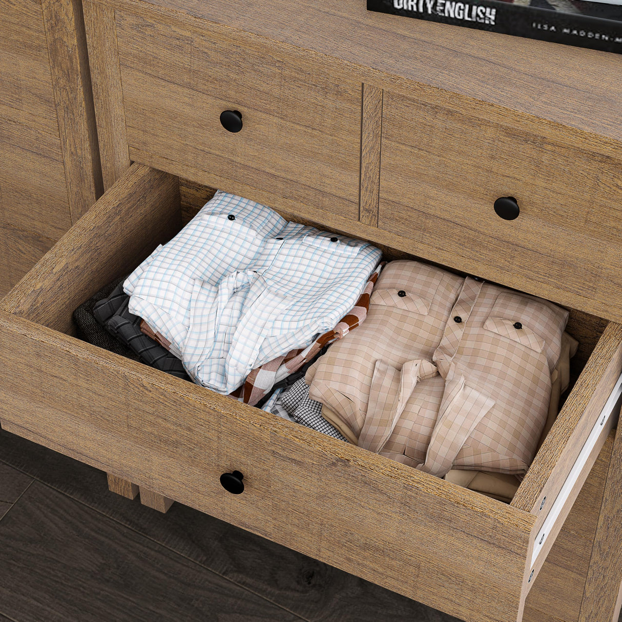 IDEALHOUSE Dresser for Bedroom, 5 Drawer Dresser Wood Dresser with Metal Handle, Modern Chest of Drawers for Bedroom, Entryway, Hallway, Light Brown IDEALHOUSE