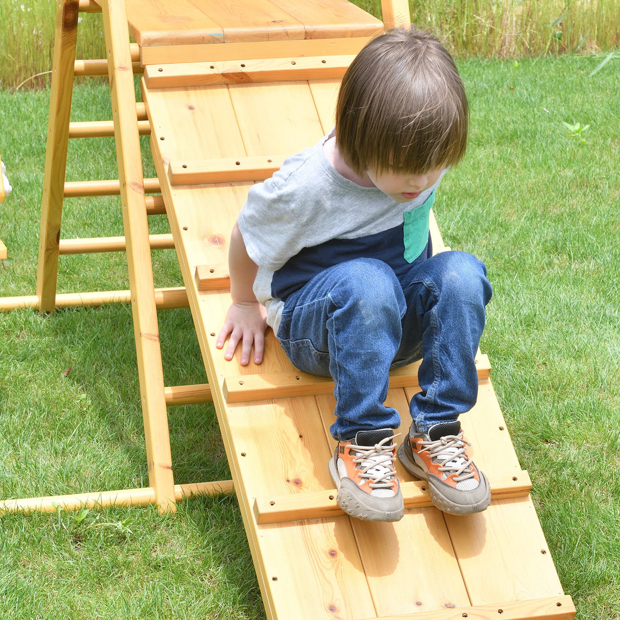 Avenlur 4-in-1 Juniper Outdoor Play Gym - Jungle Gym Playset with Baby Swing, Slide, Ladder, and Climbing Wall - Foldable Wooden Playset - Outdoor Jungle Gym for Kids Ages 18mo to 6yrs Avenlur