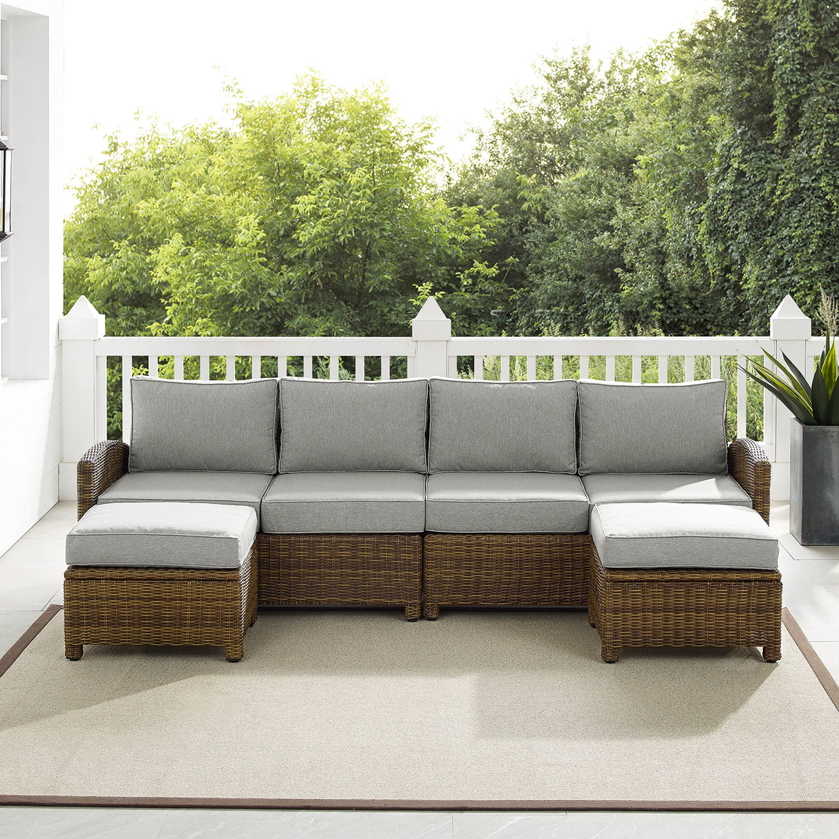 Crosley Furniture Bradenton 4-Piece Outdoor Sectional Sofa Wicker Conversation Patio Furniture Set for Deck, Brown with Gray Cushions Crosley Furniture