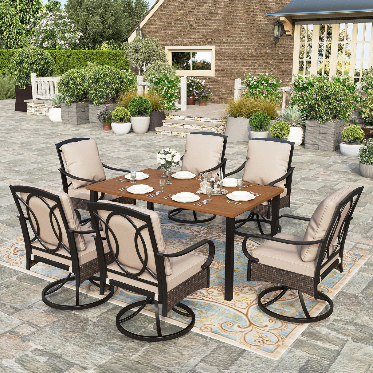 HERA'S HOUSE 7 Pieces Patio Dining Sets, 6 x Swivel Dining Chairs with Removable Cushions, 1 x Rectangular Wood-Like Dining Table, Outdoor Furniture Set for Patio Lawn Garden Porch HERA'S HOUSE