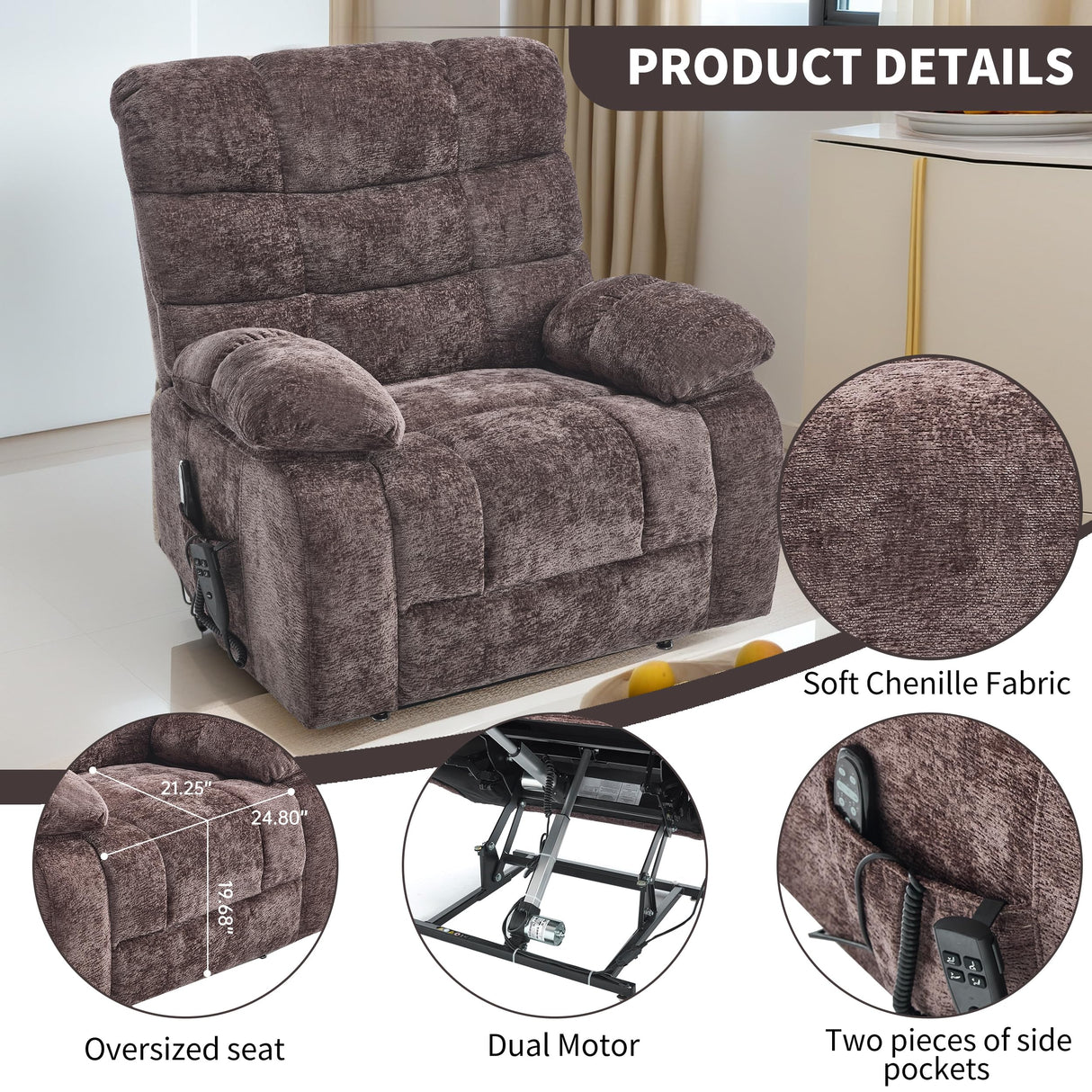 EZZUP Lay Flat Recliner with Vibration Massage and Lumbar Heating, 26" Wide Recliner with Infinite Position and 2 Remote Controls, Soft Chenille Lift Chair for Living Room, Chocolate EZZUP