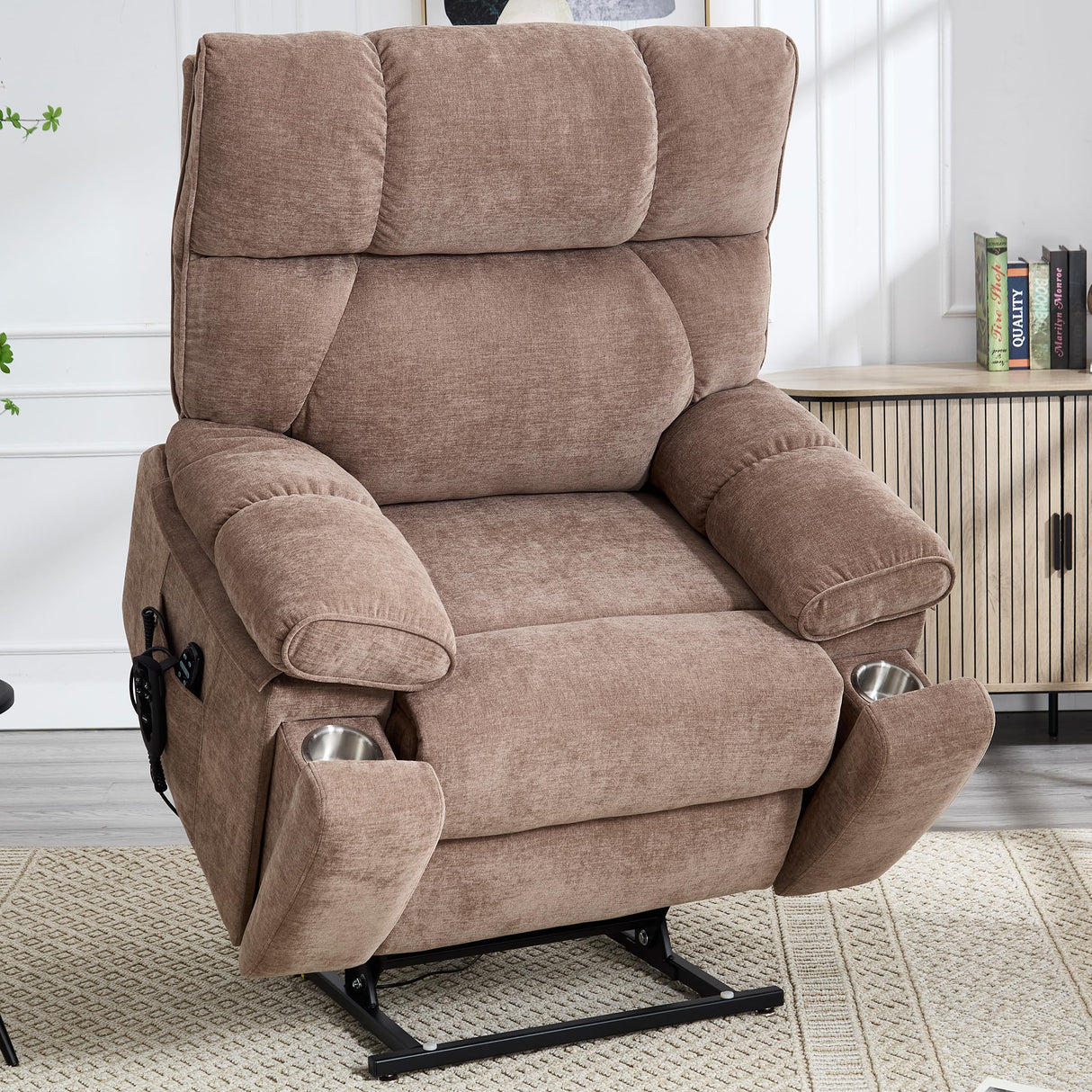 Dual Motor Power Lift Chair for Elderly with Vibration Massage and Lumbar Heating for Living Room, Electric Lay Flat Recliner with Cup Holders Remote Controls, Medium-Firm Chenille Fabric, Brown EZZUP