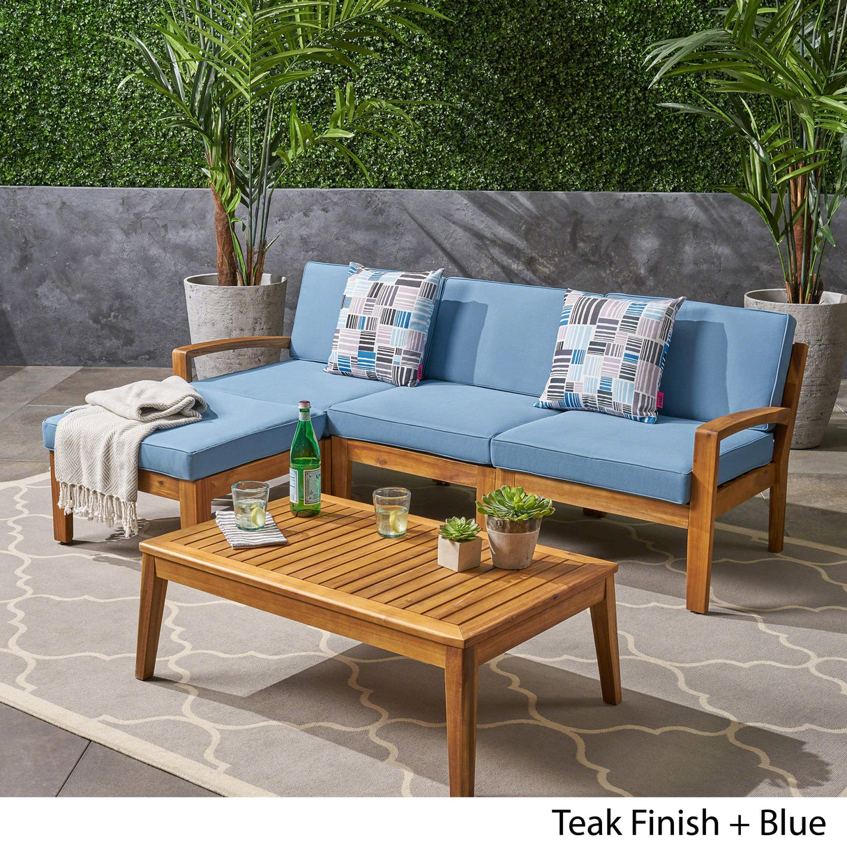 Christopher Knight Home Grenada Sectional Sofa Set | 5-Piece 3-Seater | Includes Coffee Table and Ottoman | Acacia Wood Frame | Water-Resistant Cushions | Teak and Blue, Finish Christopher Knight Home