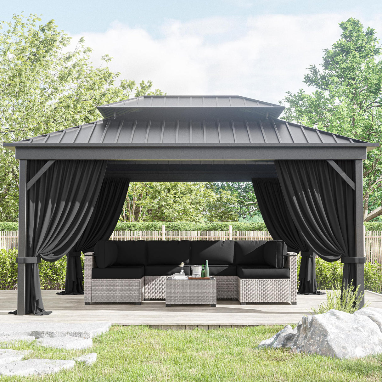 12'x14' Gazebo Curtains Outdoor Waterproof with Hanging Rings, 4-Panel Double Zipper Sidewalls Universal Replacement Privacy Curtain, Outdoor Gazebo Curtains for Patio, Backyard(Curtains Only) Snubbull