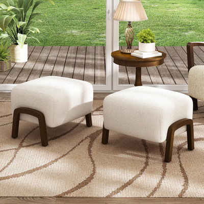 Christopher Knight Home Gypso Set of 2 Boucle Fabric Upholstered Ottoman, Wooden Small Ottoman Coffee Table, Modern Living Room Foot Stool, Extra Seat Sofa Footrest, White+Dark Brown