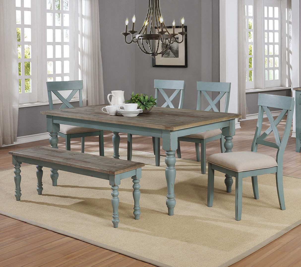 Roundhill Furniture Prato 6-Piece Dining Set, Dining Table with 4 Cross Back Chairs and Bench, Antique Blue and Distressed Walnut Finish Roundhill Furniture