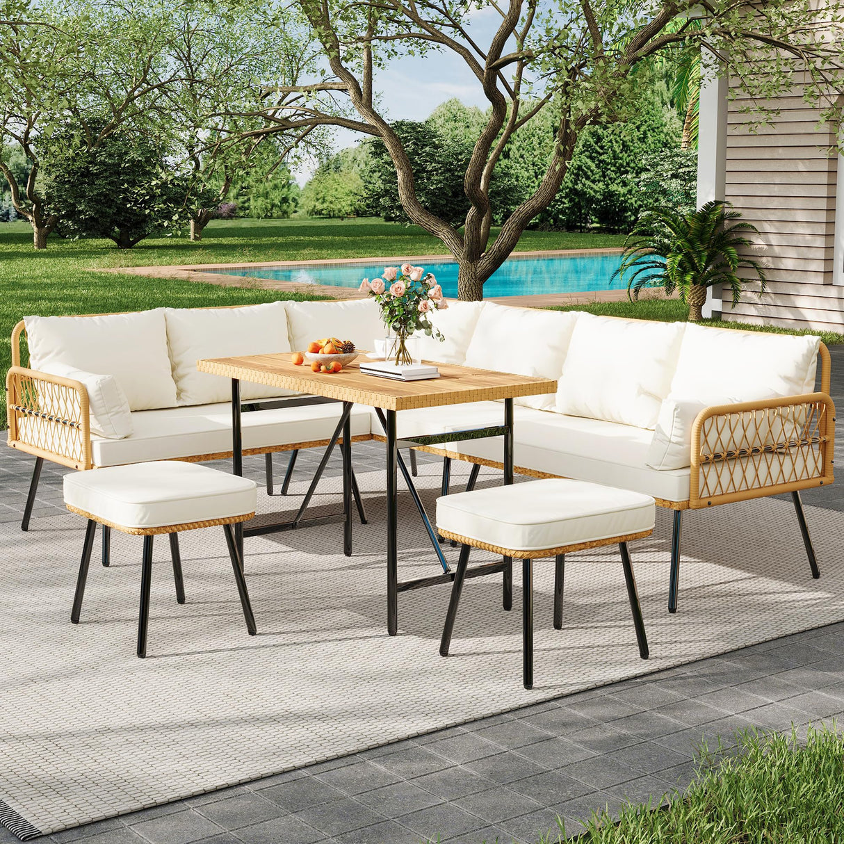 Senfot 6 Pieces Outdoor Patio Furniture Set with Table, All-Weather Boho Wicker Rattan Patio Sectional L-Shaped Sofa, Metal Frame, Detachable Cushions, for Patio, Balcony, Backyard, Deck, Beige Senfot