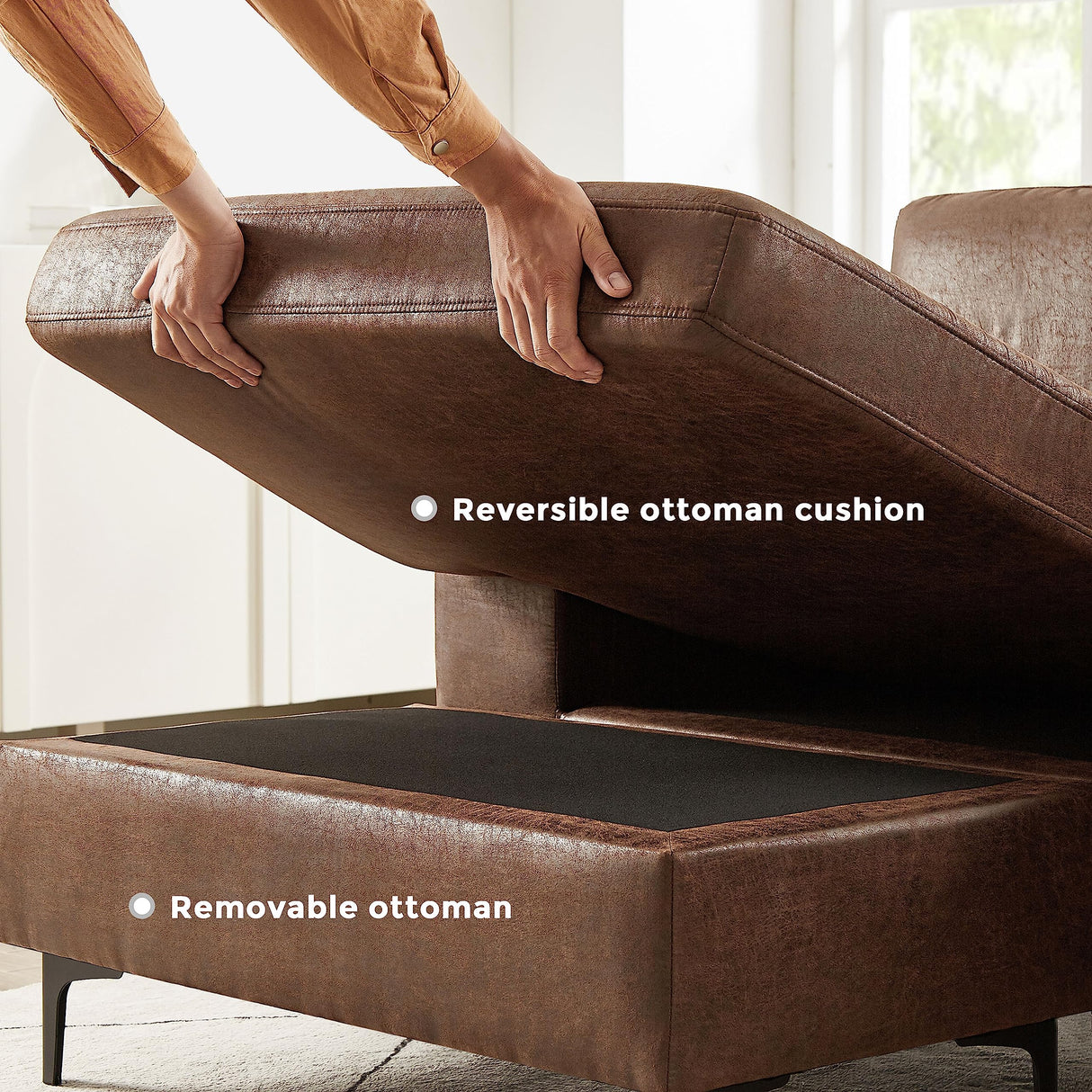 VANOMi 100" Sectional Couch for Living Room, Modern Faux Leather Modular Sectional Sofa 3-Seater Convertible Sofa with Chaise for Apartment, Right/Left-L-Shaped, Dark Brown VANOMi