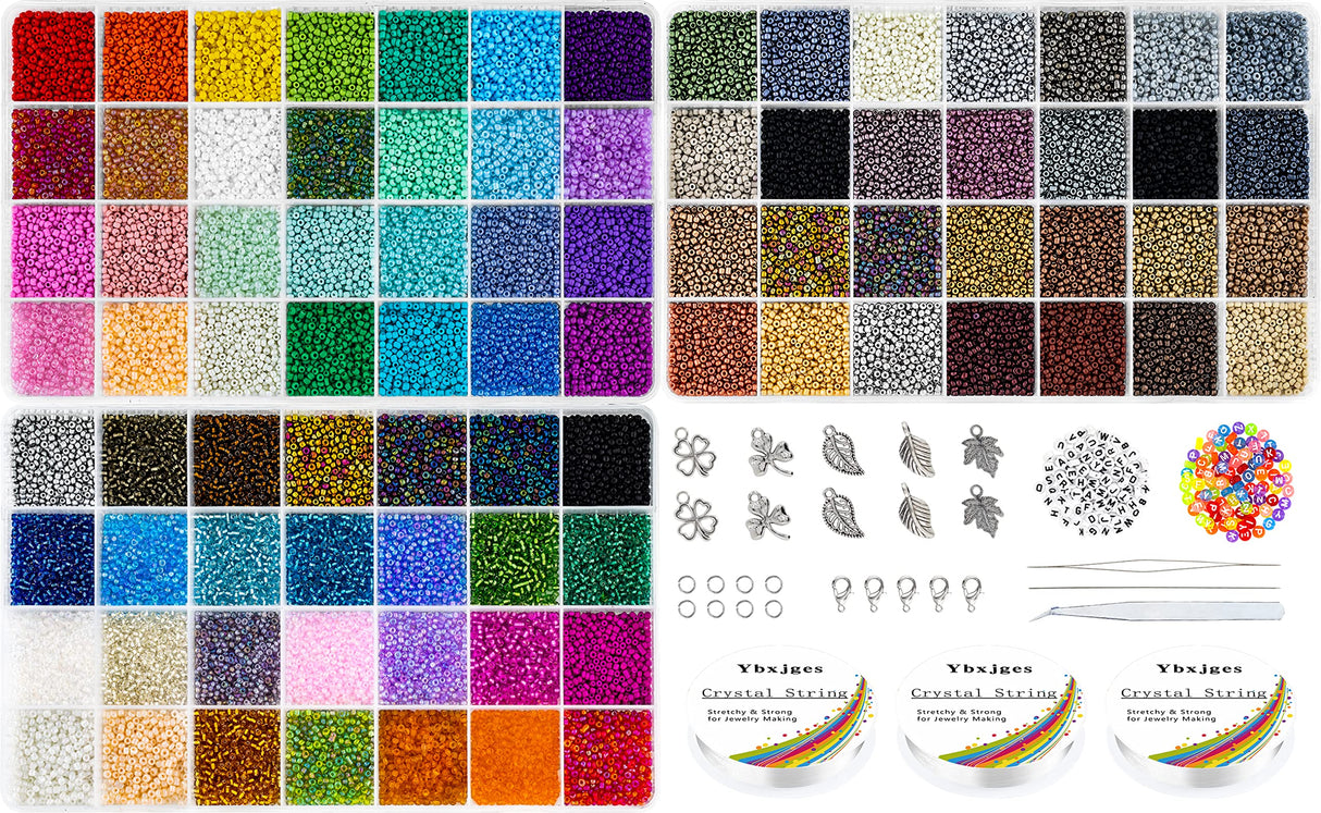 Ybxjges 42000Pcs 2mm Glass Seed Beads 12/0 Small Tiny Beads Kit with 150Pcs Alphabet Letter Beads Pendants Charms Jump Ring Elastic String for DIY Bracelets Necklace Jewelry Making Supplies Ybxjges