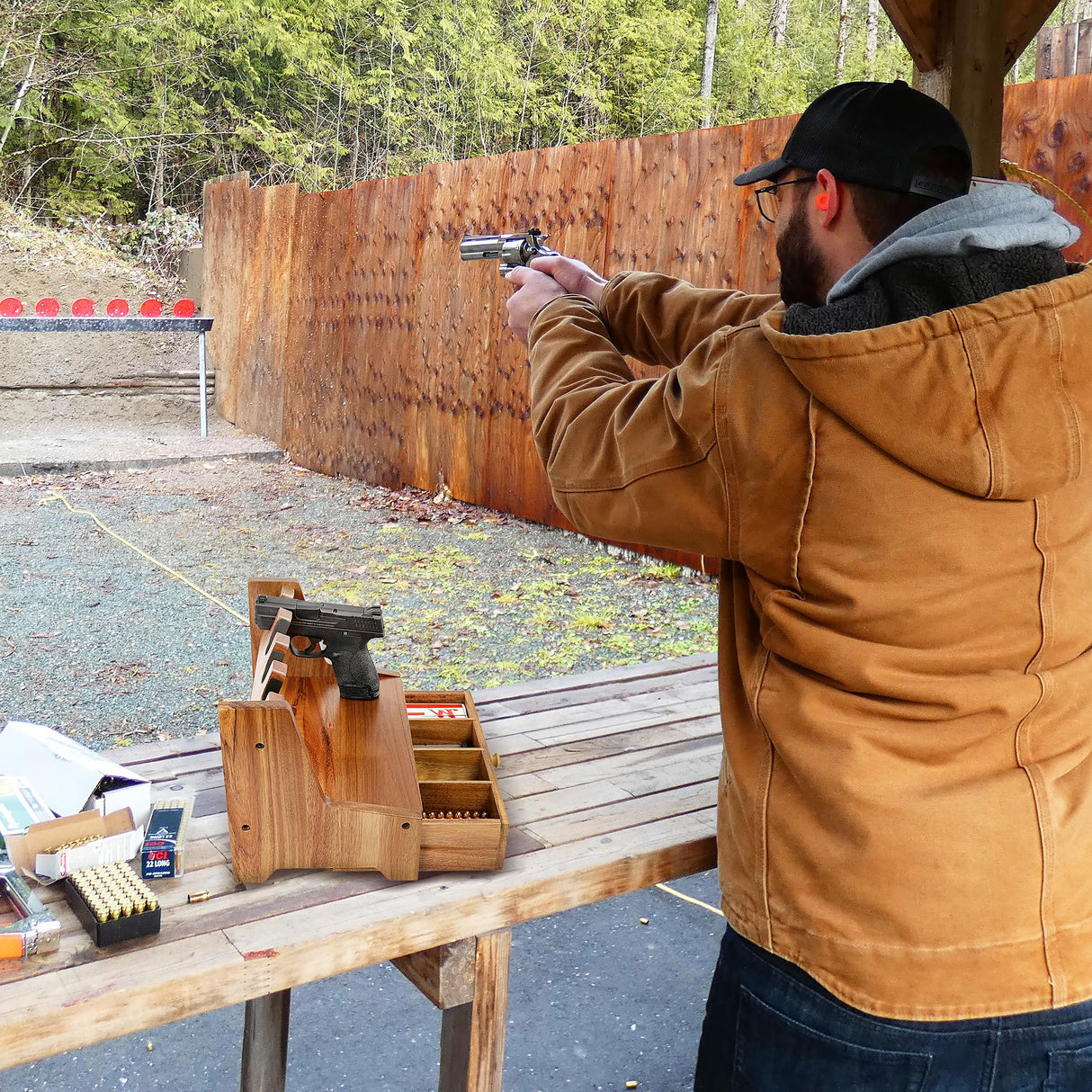 Tactical45 Pistol Rack for Gun Safe Shelf - 4 Slot Wooden Handgun Rack with Divided Ammo Drawer - Revolver and Firearm Accessories Organizer - Bedside Gun Holder for Nightstand or Desktop Tactical45