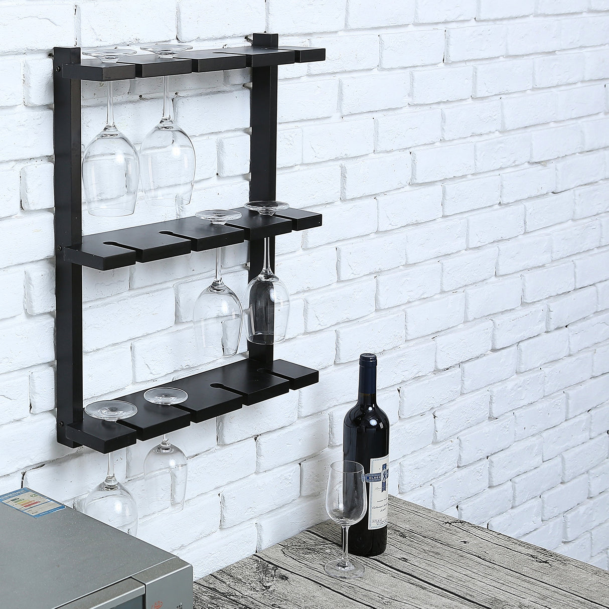 MyGift Wine Glass Rack - Wall-Mounted Black Wood Stemware, 12 Glassware Holder Rack, Wine Glasses Storage Hanger for Bar Kitchen MyGift