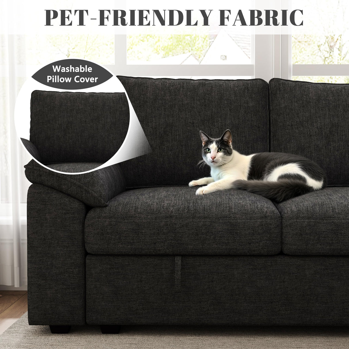 SUAWY 108 Inch Modular Sectional Sofa with Pull Out Bed, U Shaped 7 Seat Sectional Sleeper Sofa with Storage, Sectional Couches for Living Room,Cloud Modular Couch, Removable Sofa Cover, Black SUAWY