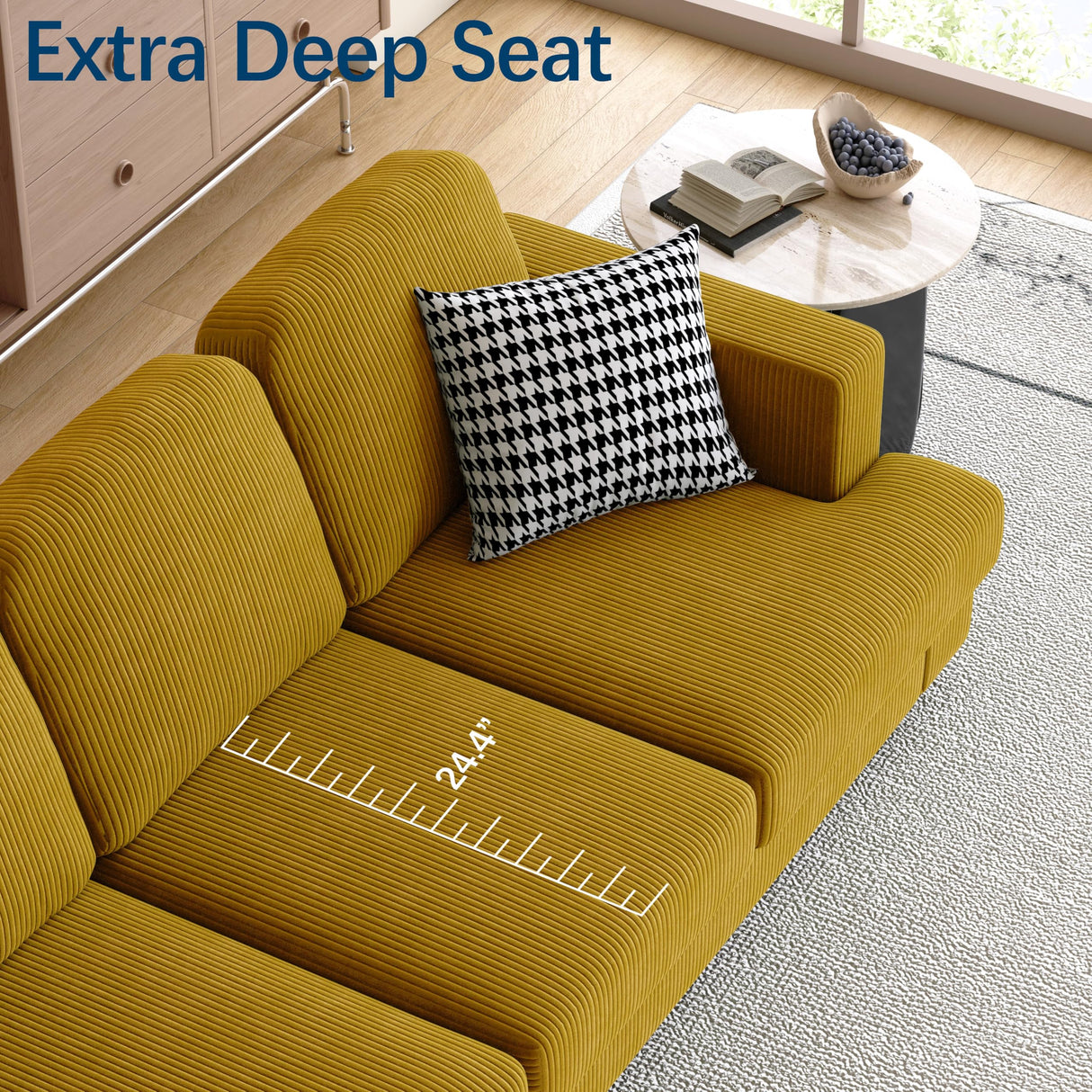 WiberWi 87 inch Couches for Living Room, Comfy 3 Seater Sofa with Deep Seat, Modern Corduroy Couch with Wide Armrests, Upholstered Backrests with Removable Cover, Mustard WiberWi