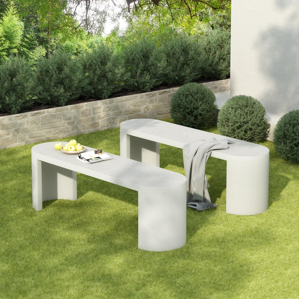 Christopher Knight Home Vex Set of 2 Concrete Outdoor Bench with Modern White Terrazzo Effect, Outdoor Dining Chairs, Oval Garden Bench with Pedestal Base, Extra Seating for Patio/Balcony, White Christopher Knight Home