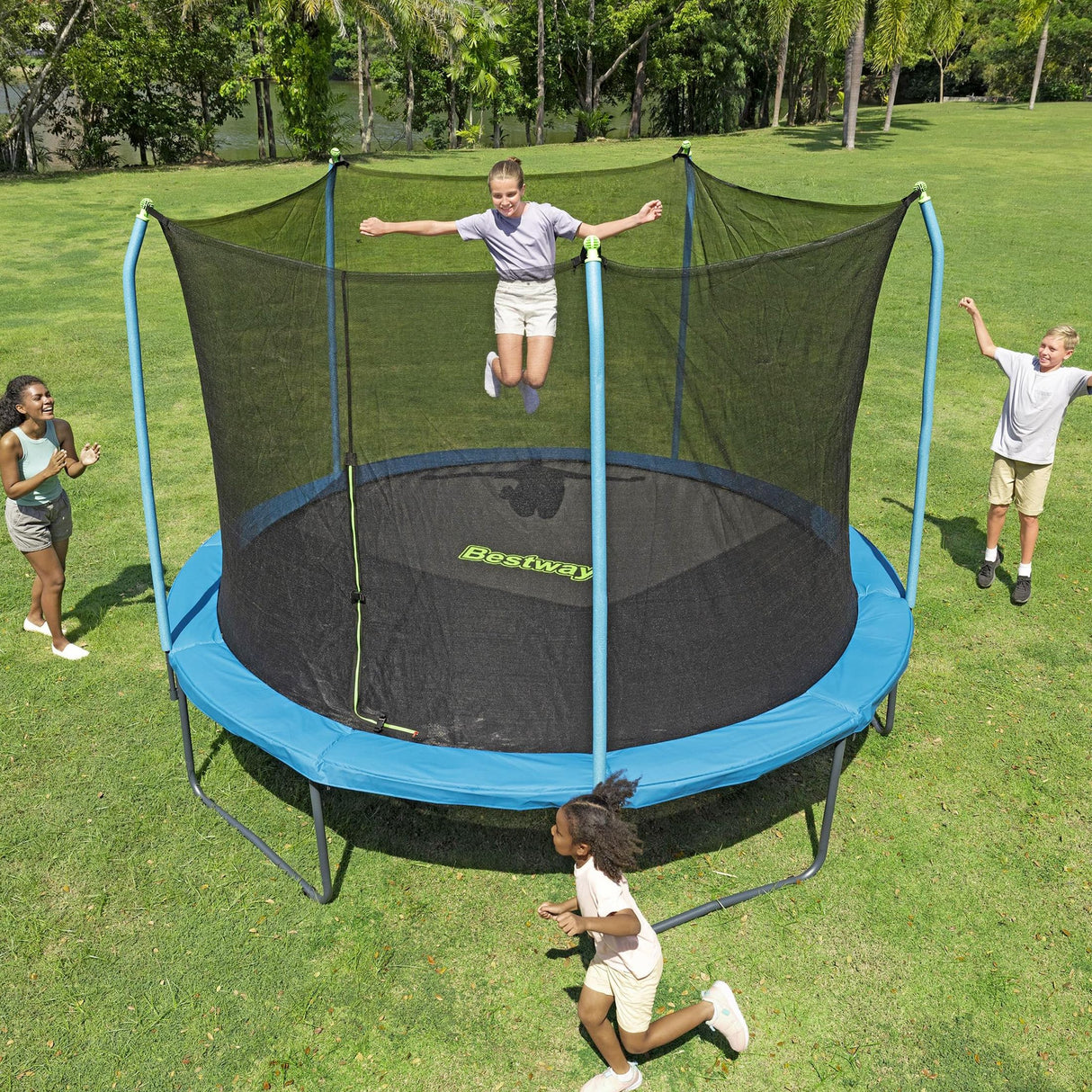 Bestway Xtreme Air 12 FT Outdoor Trampoline for Kids and Adults, No-Gap Security Enclosure Net, Foam-Padded Poles, Fast & Easy Assembly, ASTM Approved Bestway