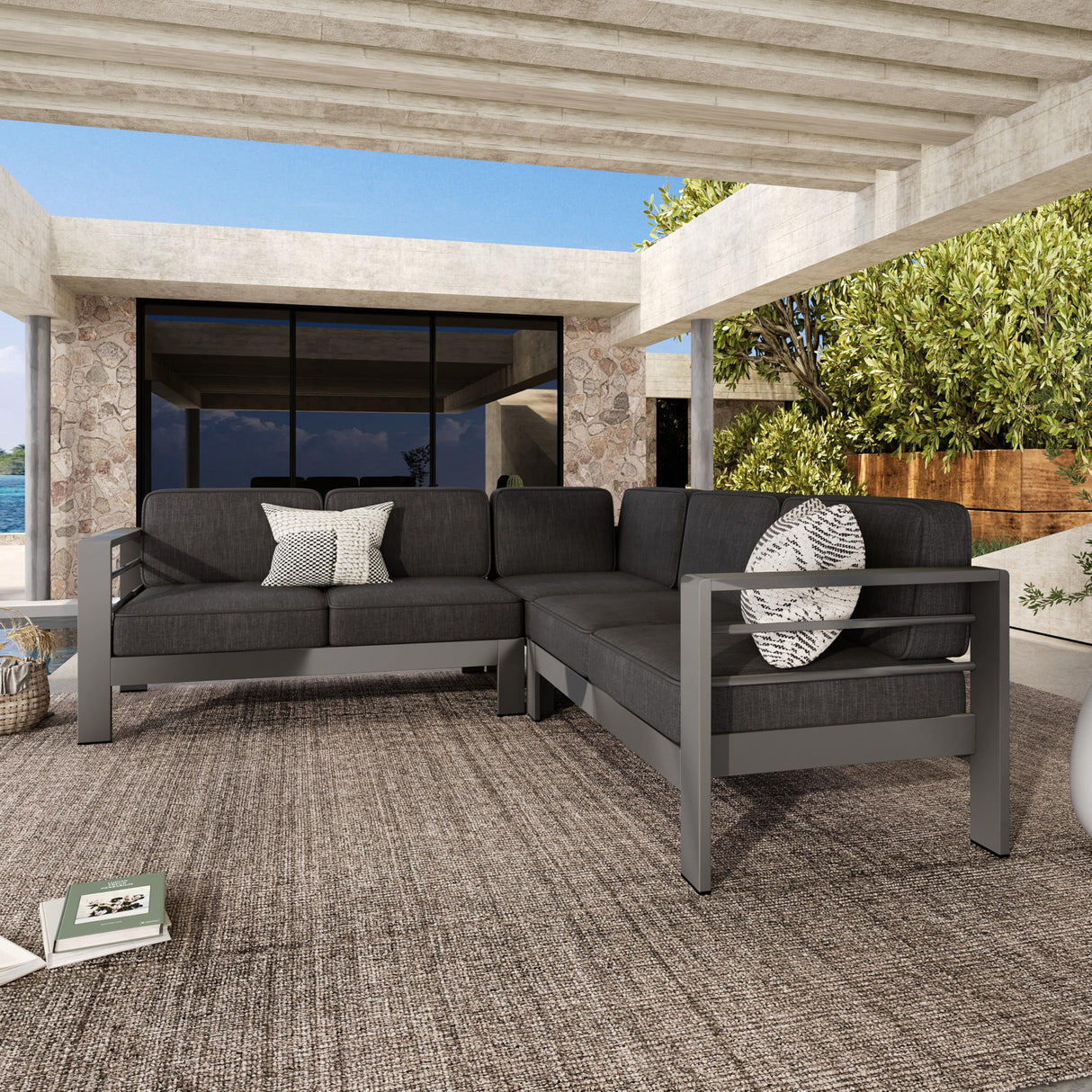Merax Outdoor Aluminum 4-Person Patio Sectional Conversation Sofa Set, L-Shaped Outdoor Sectional Sofa with Cushions for Patios, Poolsides, Gardens, Dark Grey Merax