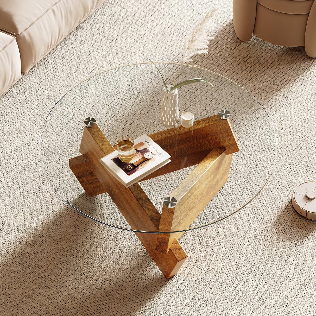 Honyee Modern Round Coffee Table, 30.7" x 30.7" x 16.1" Tempered Glass Top for Living Room, Color: Natural Wood Honyee