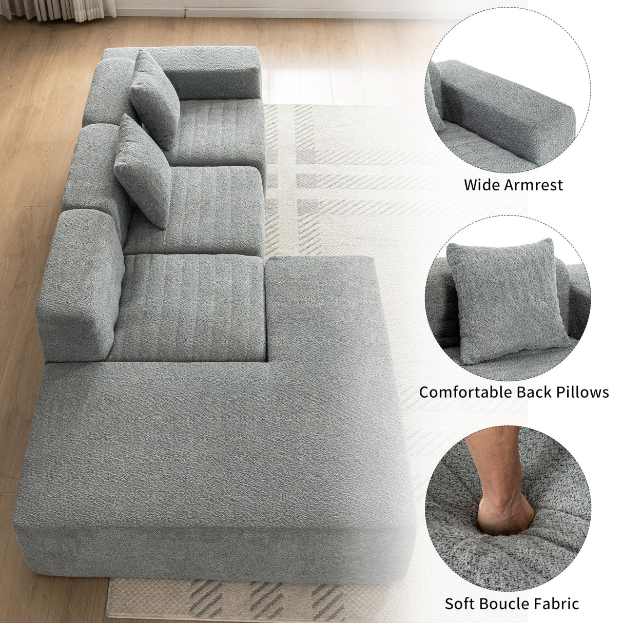 Merax 116.5" Minimalist Cloud Sectional Couch with L-Shape Chaise, Gray Modern Modular Sofa with Deep Seat, Convertible 4 Seat Sleeper Couches Set for Living Room, No Assembly Required, Grey Merax