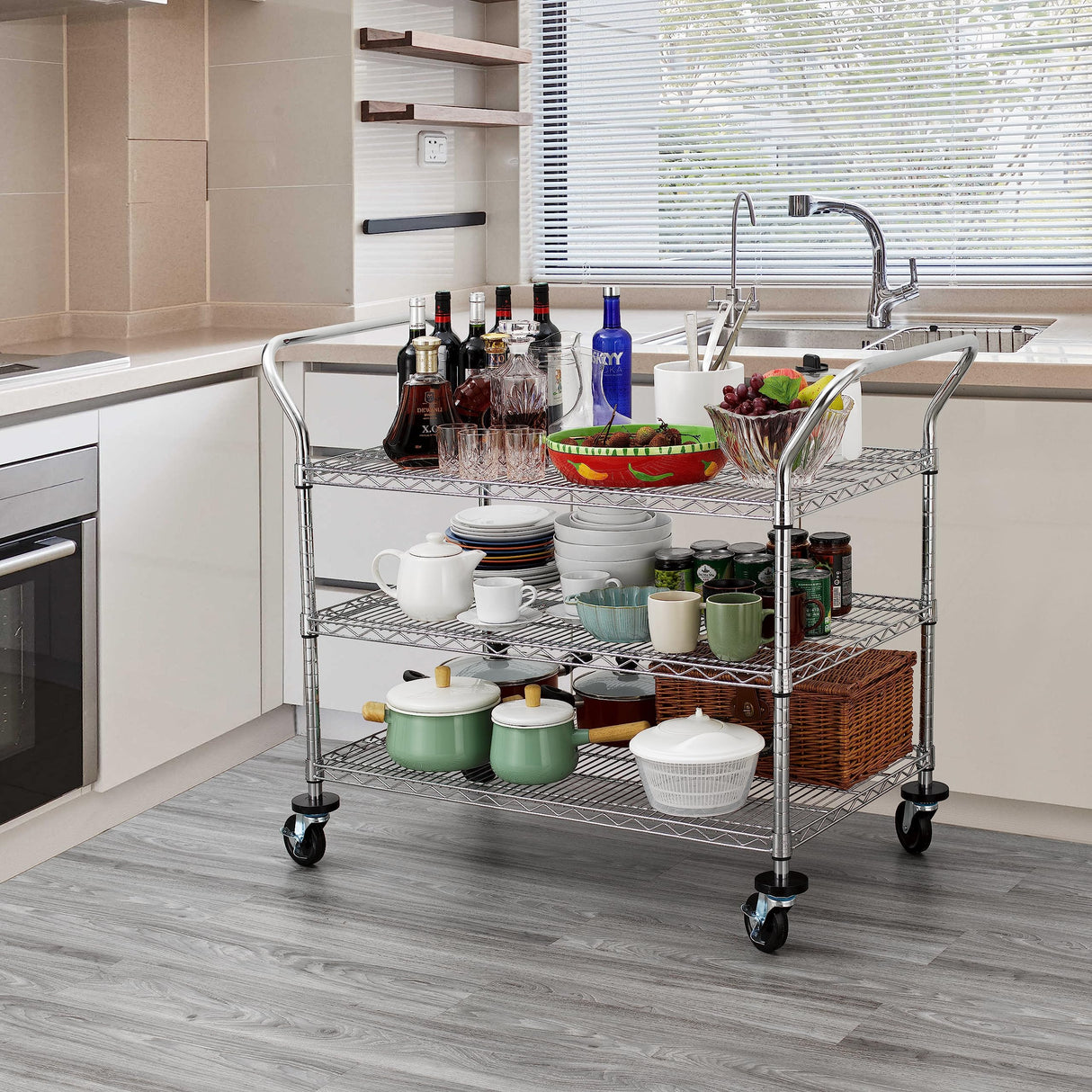 Finnhomy 3-Tier Commercial Grade Rolling Cart, Heavy Duty Utility Cart, Carts with Wheels and Handles, Kitchen Cart on Wheels, Metal Serving Cart with 600 lbs Capacity, Shelf Size 24" D x 40" W, NSF Finnhomy