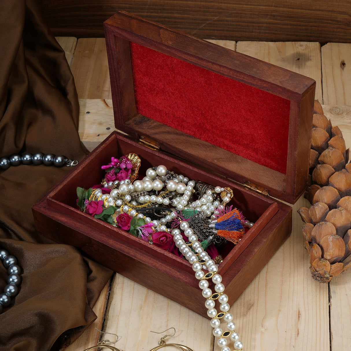 Ajuny Hand Carved handmade Wooden Decorative Treasure Chest Box - Flower Leaf Multipurpose Use Jewelry Storage Case Organizer Keepsake Watch Box Great for Gifts - Brown, 8X5 Inch Ajuny