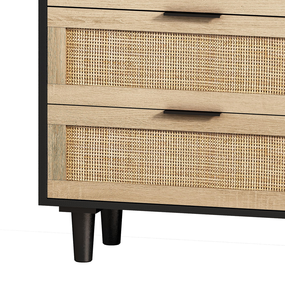 Henf Rattan 6 Drawer Dresser, Wood Dresser Chest with Wide Rattan Drawers, Modern Storage Chest of Drawers for Bedroom Living Room Hallway Entryway, 59 inches Wide (Black & Natural) Henf