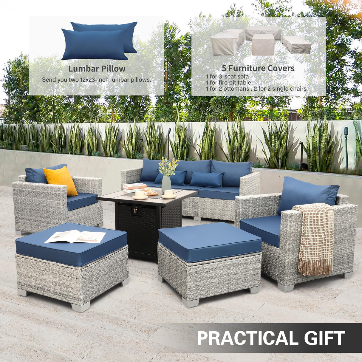 WAROOM Patio Furniture Set 6 Piece Outdoor Patio Set Grey Wicker Balcony Furniture Conversation Sets PE Rattan Couch Sofa with Fire Pit Table, Blue Cushion WAROOM