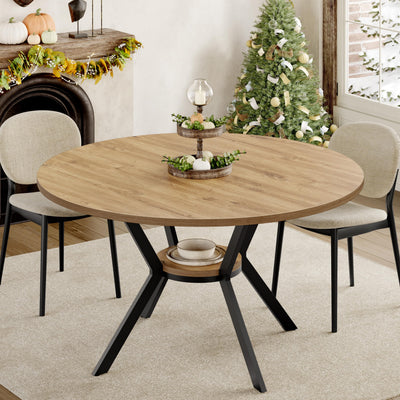 MECHYIN Round Dining Table for 4, 42 Inch Farmhouse Kitchen Table with Storage, Rustic Wooden Circle Dinner Pedestal Table with Metal Legs, Space Saving Kitchen & Dining Room Furniture, Natural Wood