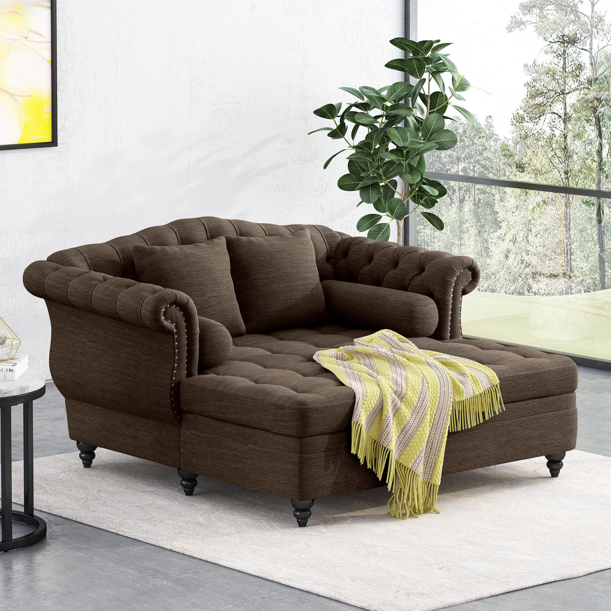 Christopher Knight Home Audrey 62.50" Oversized Lounge Chair, Tufted Loveseat Chaise, Scroll Armchair, Upholstered Loveseat Sofa Chair, Large Leisure Couch Bed, Sleeper Sofa for Living Room, Brown Christopher Knight Home
