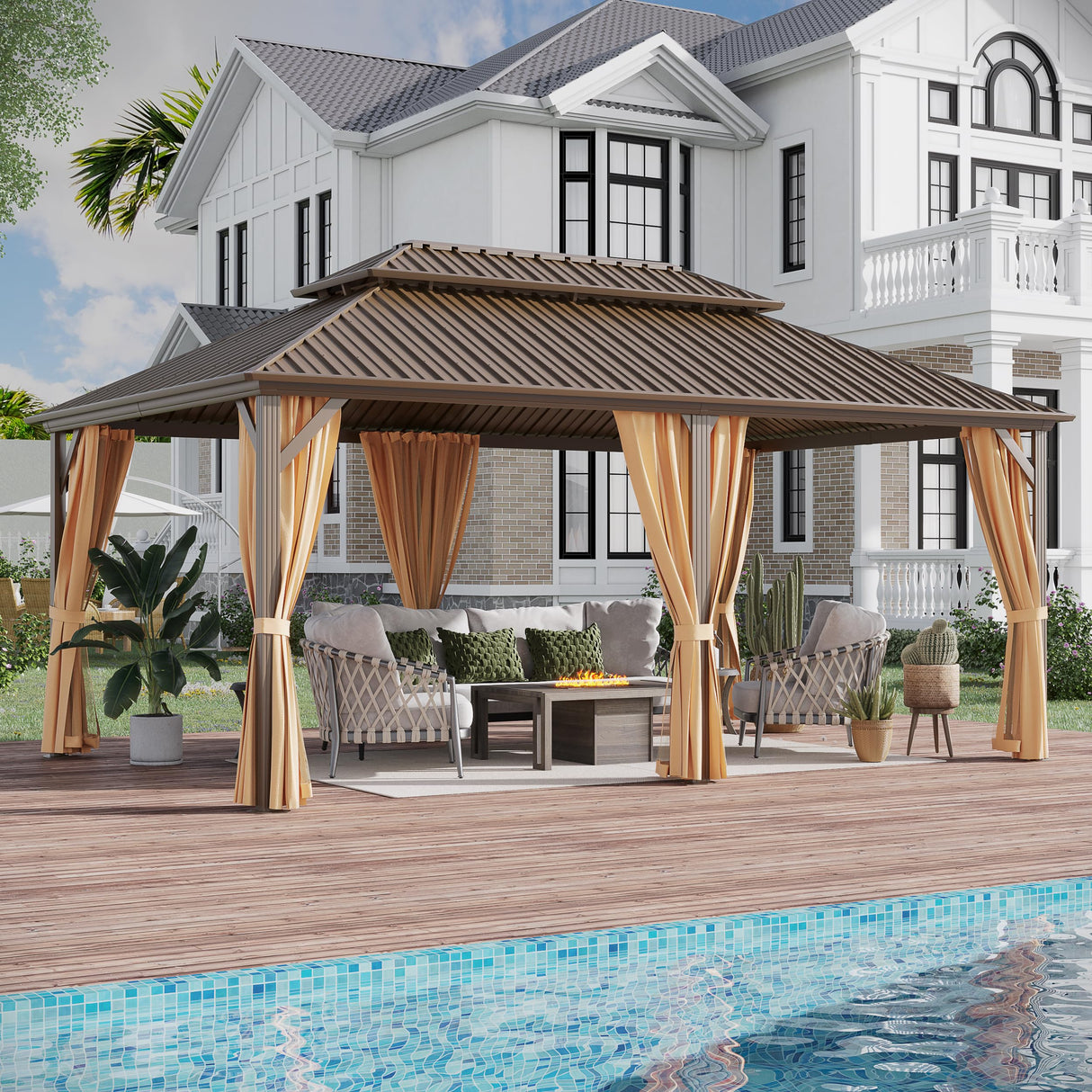 GAZEBEST 12x18 ft Hardtop Gazebo Outdoor Aluminum Patio Gazebo Double Roof Galvanized Steel Gazebo Canopy with Netting and Curtains,for Garden Patio,Patio Backyard,Deck and Lawns GAZEBEST