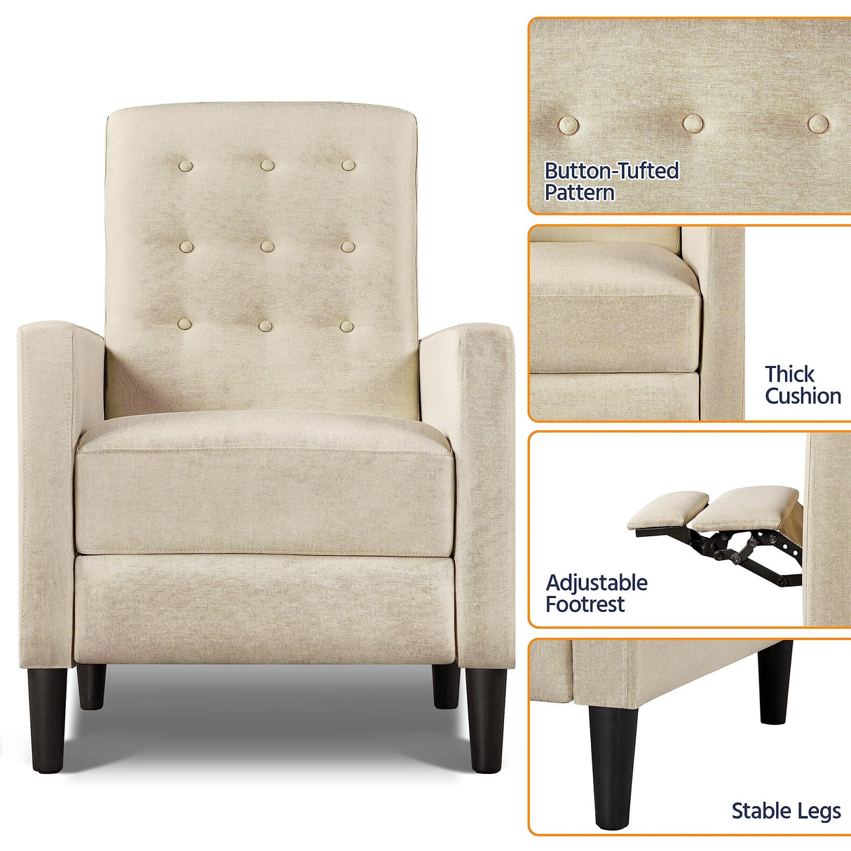 Yaheetech Fabric Recliner Chair Mid-Century Modern Recliner Adjustable Single Recliner Sofa with Thicker Seat Cushion Tufted Upholstered Sofa with Pocket Spring for Living Room Bedroom Beige Yaheetech