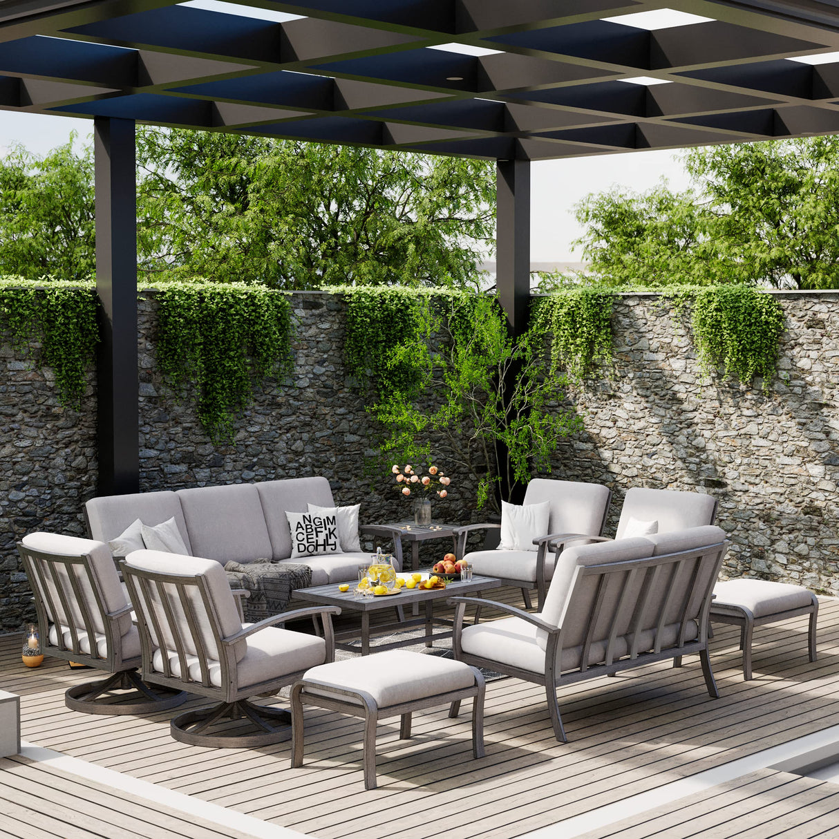 HAPPATIO 10 Piece Aluminum Patio Furniture Set, 3-Seat Outdoor Couch and Loveseat, All-Weather Outdoor Sectional Sofa with Swivel Armchairs and Ottomans, Garden Conversation Set(Gray) HAPPATIO