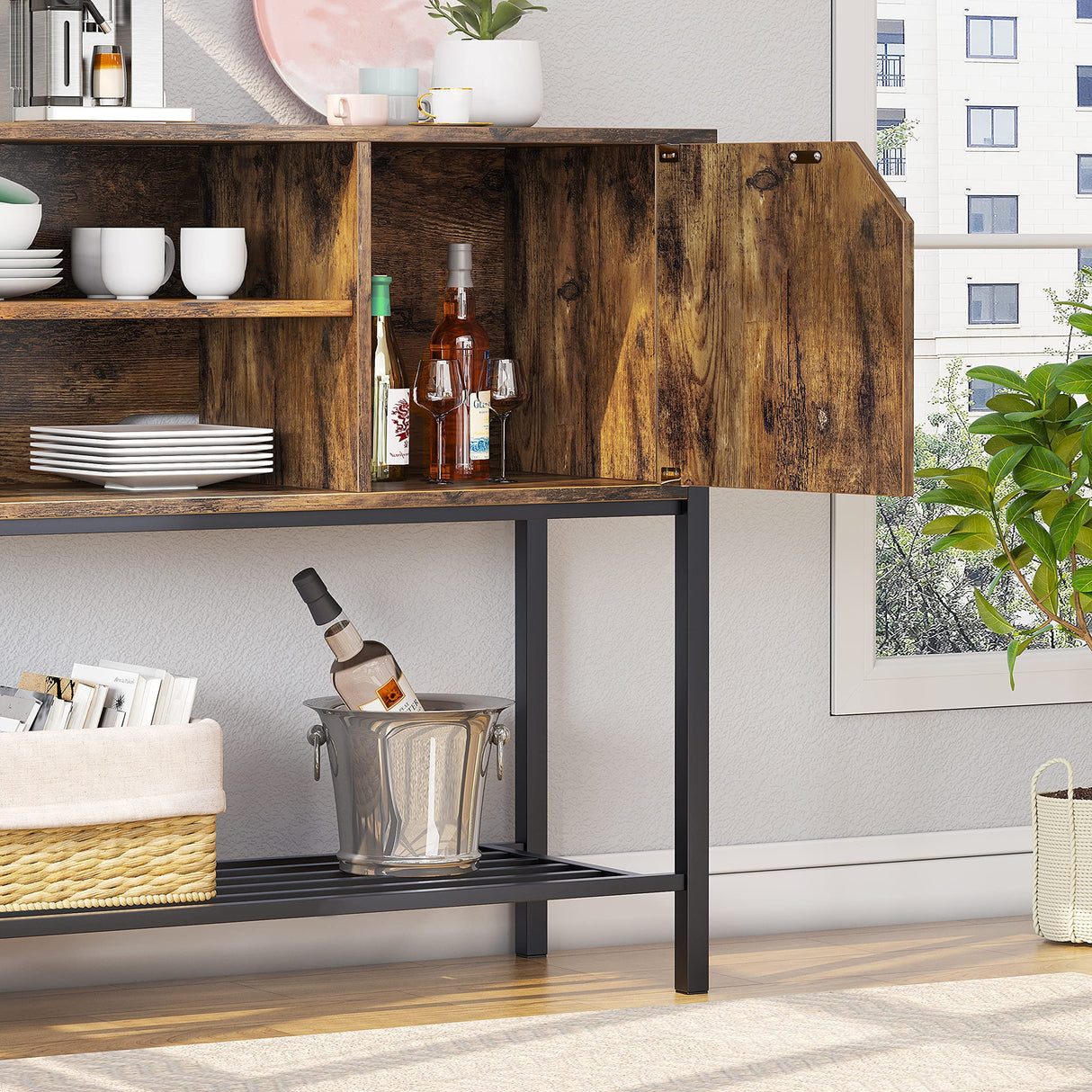 Bestier Coffee Bar with Storage Buffet Cabinet Kitchen Sideboard with Adjustable Shelves Console Table for Kitchen Dinning Room Living Room Hallway Entrance, Rustic Brown Bestier