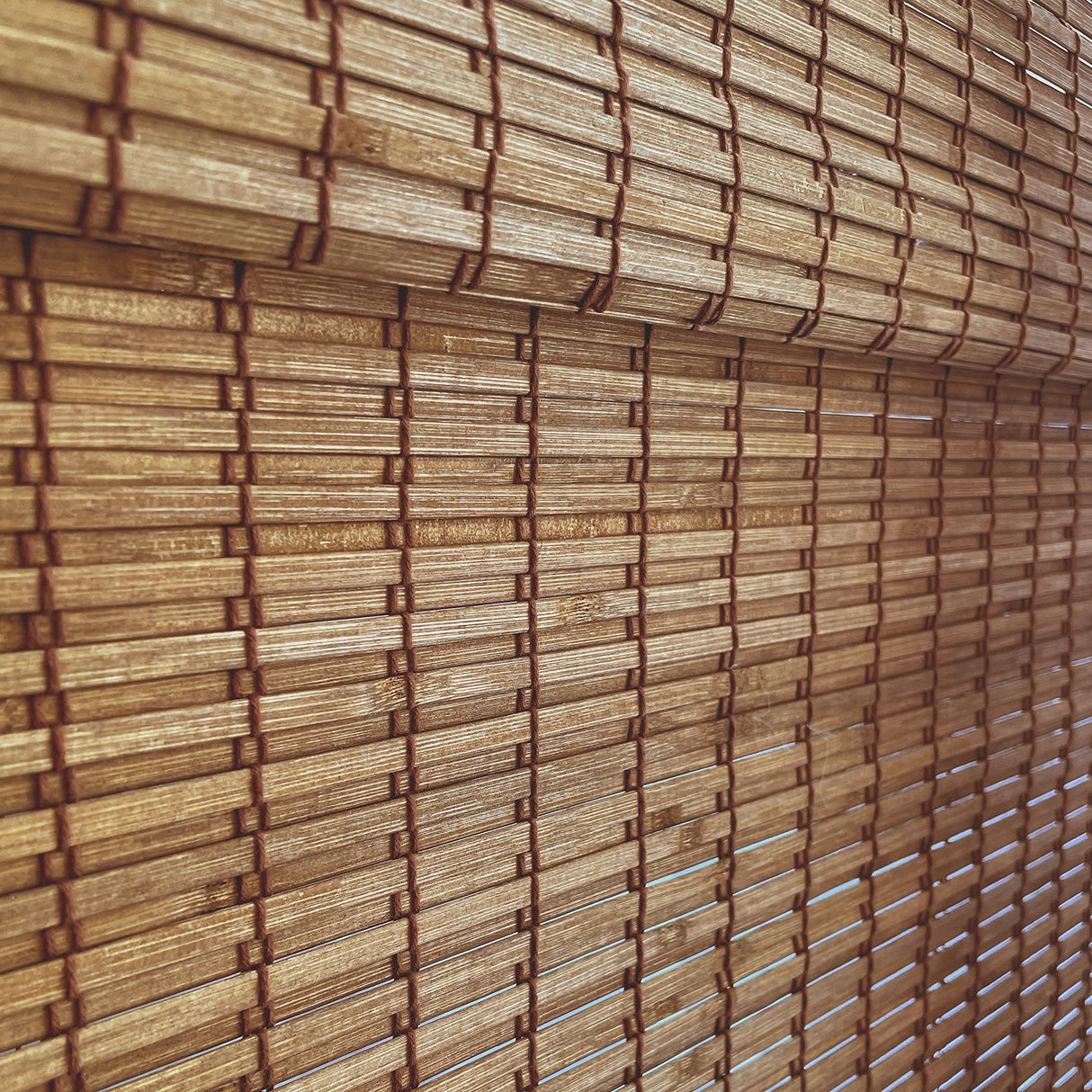 MOOD Custom Bamboo Shades | Rustic | Cordless Bamboo Roman Shades for Windows and Doors (Natural Woven) | Rustic Walnut (Great Privacy) | 58" W X 48" H Mood