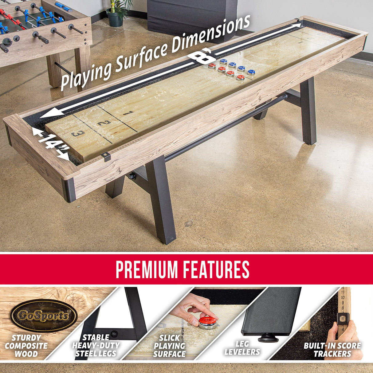 GoSports Premium 9 ft Shuffleboard Table with 8 Pucks, Shuffleboard Wax, and Brush GoSports