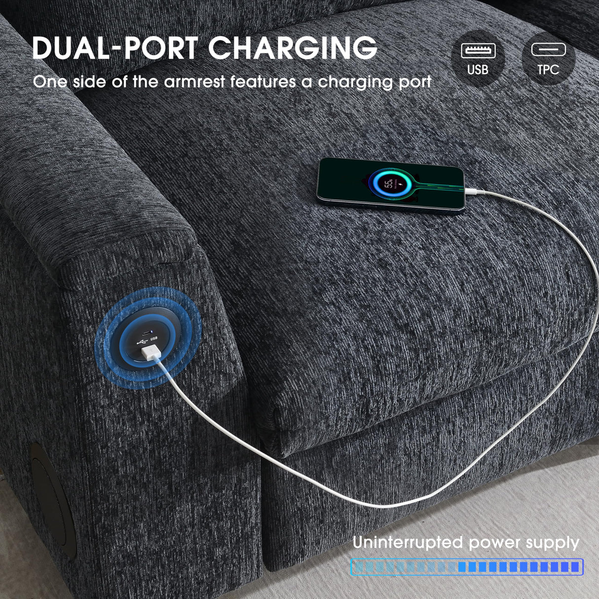 Merax 96" Chenille Sofa Recliner with Cup Holders, USB Charger & Bluetooth Speaker, 3 Seat Convertible to Loveseat Cloud Couches, Theater Double Seating W/Drop Down Table & Storage Armrest, Black Merax