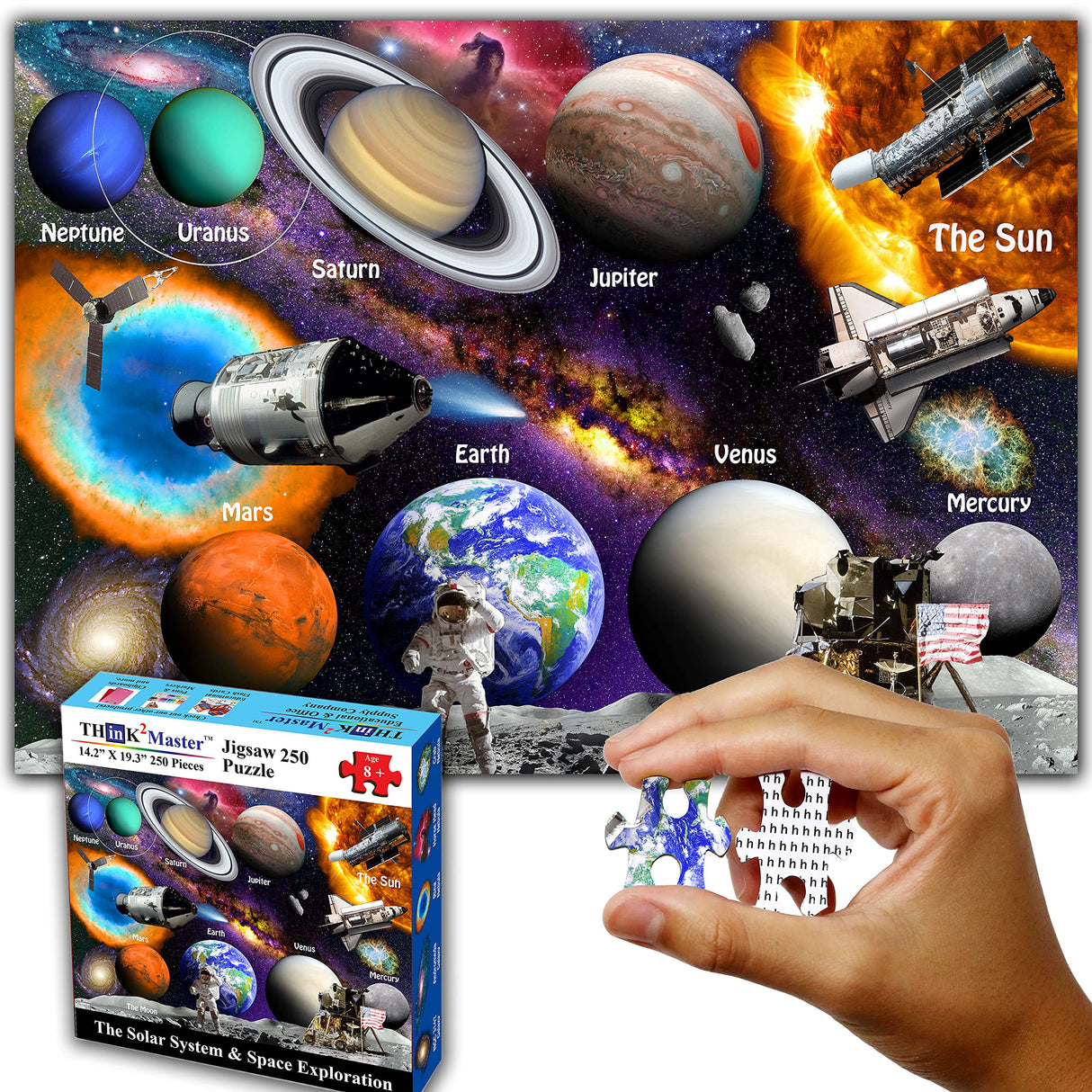 Think2Master Solar System & Space Exploration 250 Pieces Jigsaw Puzzle Fun Educational Toy for Kids 6-8 8-10 10-12, School & Families. Great Gift for Boys & Girls Ages 8+ for Learning. 14.2” X 19.3” THINK2MASTER