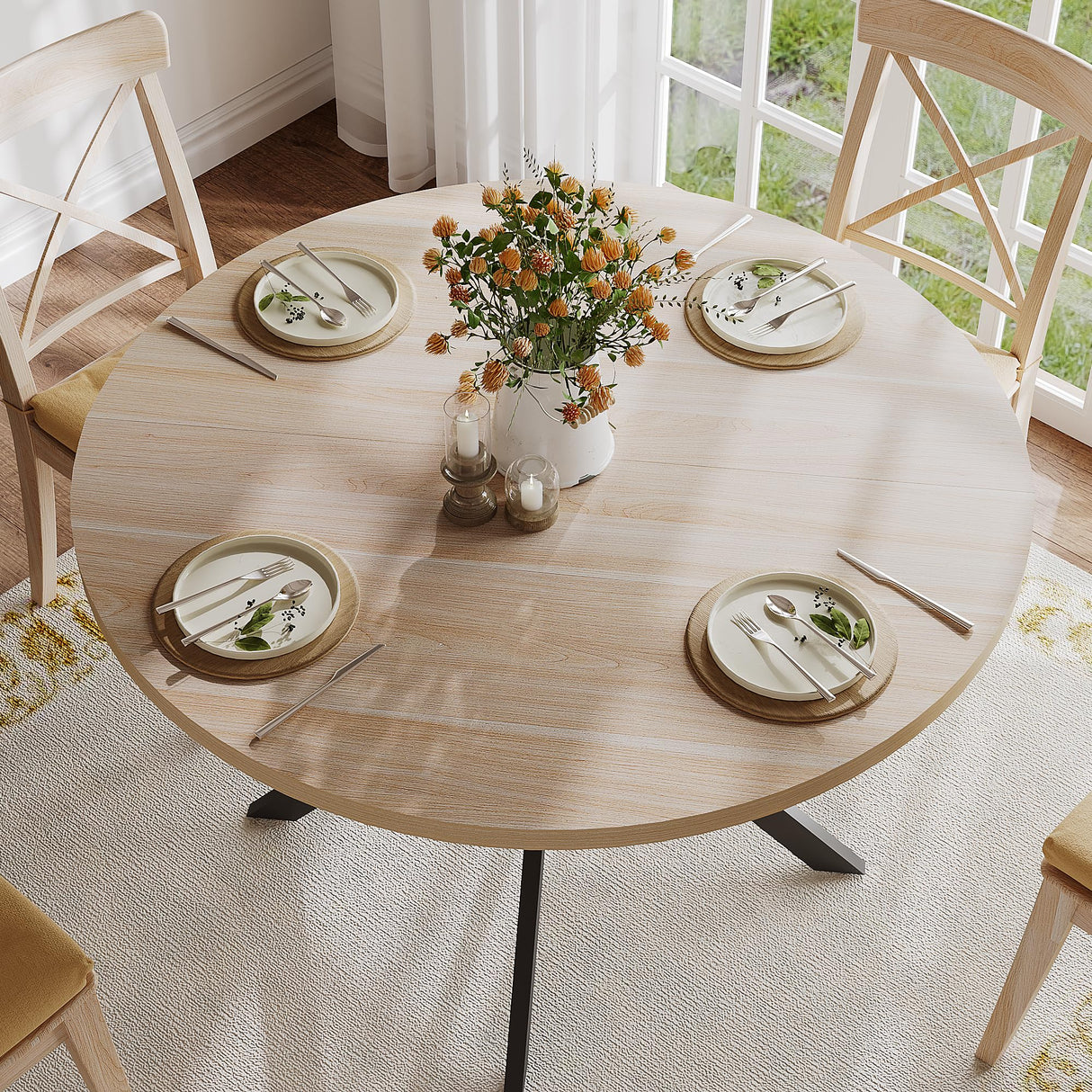 ChooChoo 47.2 Inch Round Dining Table for 4, Farmhouse Wood Kitchen Table, Circle Dinner Table for Kitchen & Dining Room, Natural Oak ChooChoo