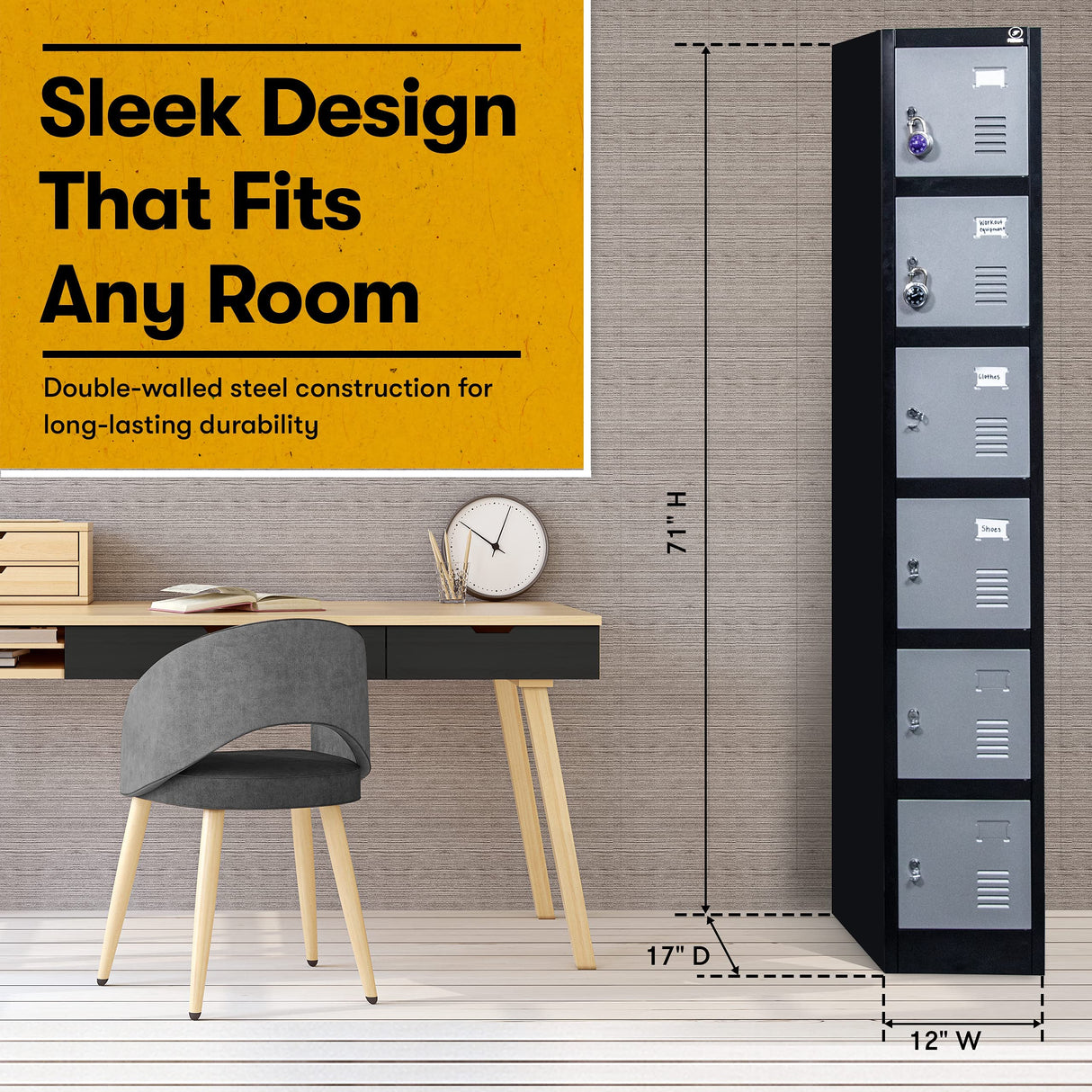 Fedmax Locker Storage Cabinet - 6 Metal Wall Lockers for School, Gym, Home, Office Employee Lock Box, 71 Inches High - Black/Grey Fedmax