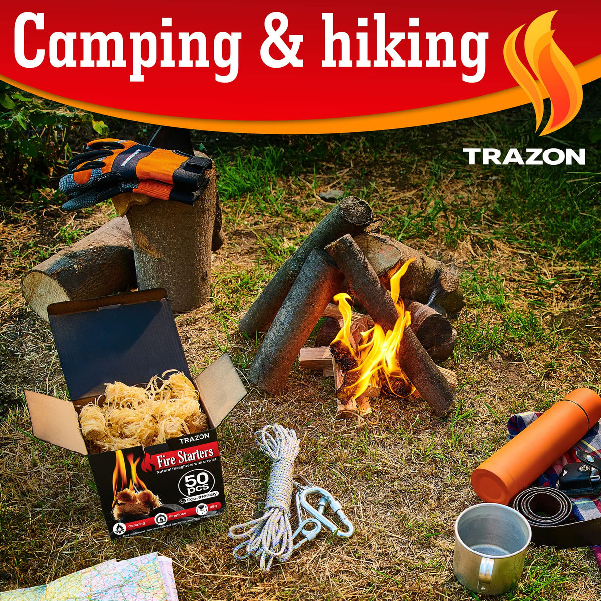 Fire Starters for Campfires Grill BBQ Fireplace, Charcoal Chimney Starter Wood Stove Fire Pit Fatwood Fire Starter Sticks - Camp Firestarter Accessories Kit Tools Long Burning Starter Grilling Trazon