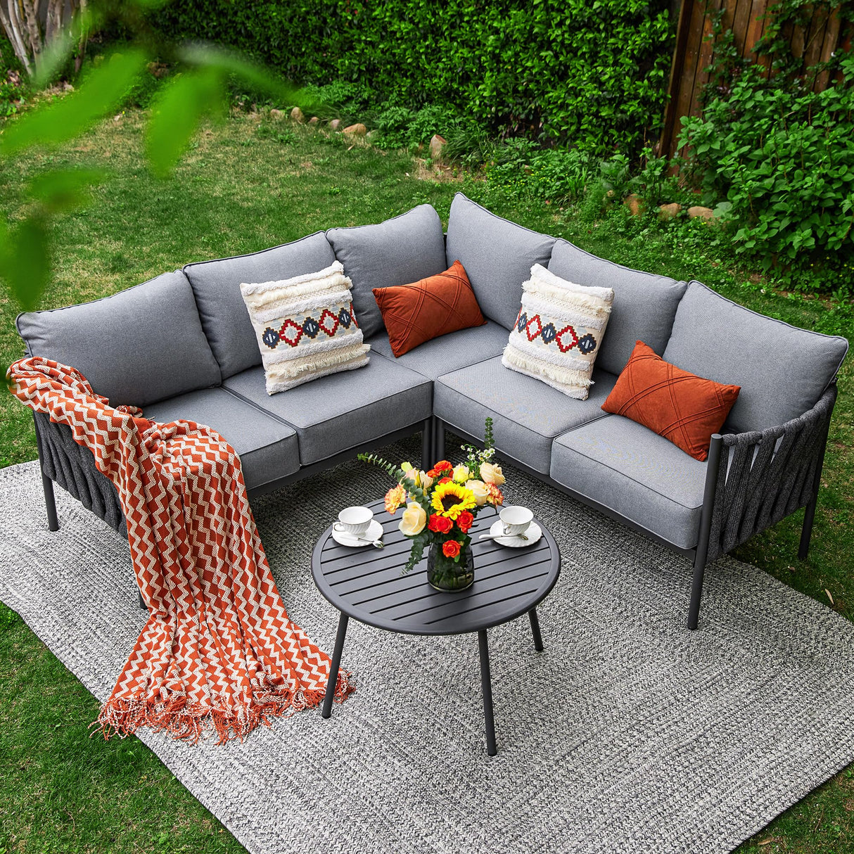 COMLAX FIELD Outdoor Patio Furniture, 6 Pieces Outdoor Sectional L-Shaped Sofa Patio Conversation Sets, Patio Furniture Set with Thick Cushions and Coffee Table for Garden, Poolside, Backyard, Grey COMLAX FIELD