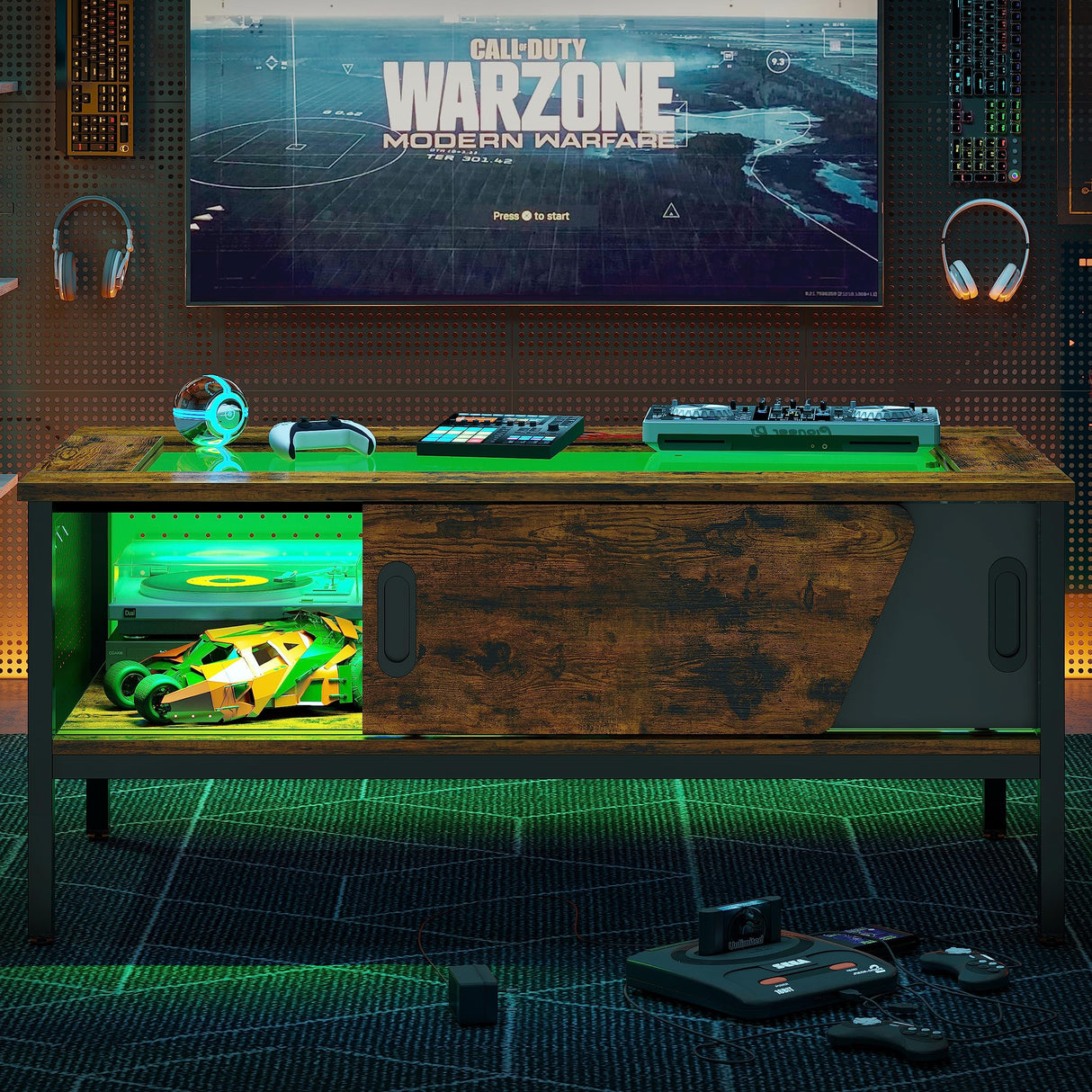 Bestier LED Coffee Table with Storage Glass Coffee Tables for Living Room with Sliding Doors, 42 Inch Rustic Brown Living Room Center Table Bestier