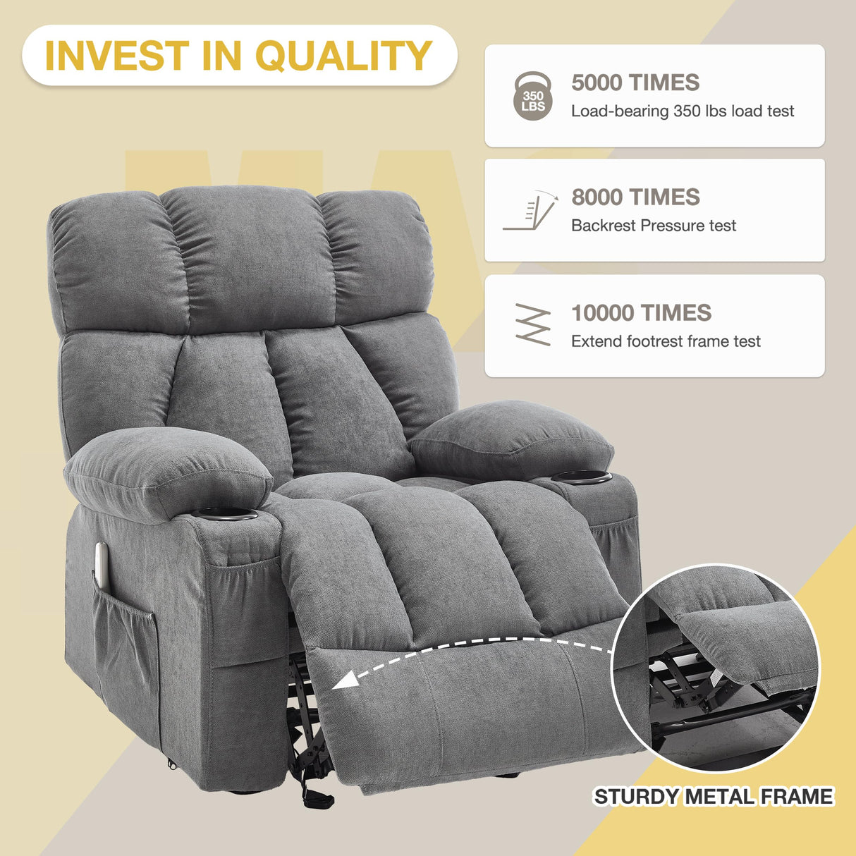 Massage Recliner Chair, Overstuffed Rocker Lazy Boy Chairs with Vibration&Gently Heat,Fabric Ergonomic Manual Nursery Chair for Living Room with Side Pocket, 2 Cup Holders&USB Charge Port, Grey KRESTLUX